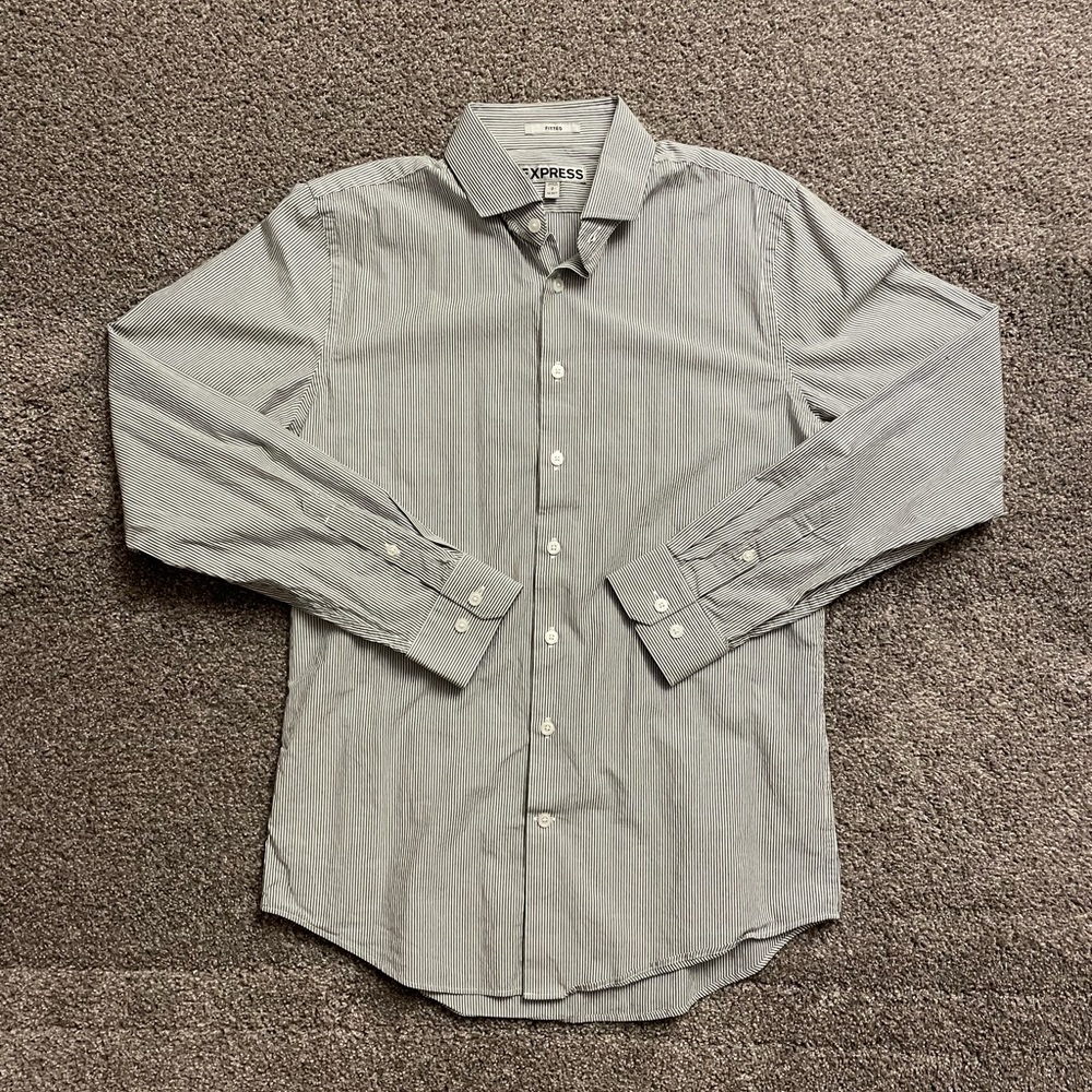 Men’s Express Fitted Grey Striped Shirt Size Small 14-14.5